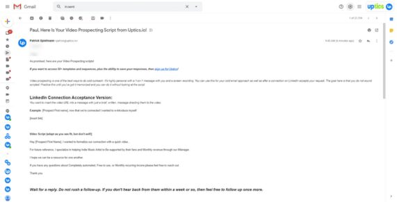 Screenshot of email showing customized video prospecting.