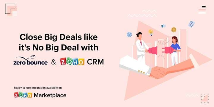 The ZeroBounce Zoho integration is shown on a light pink background.