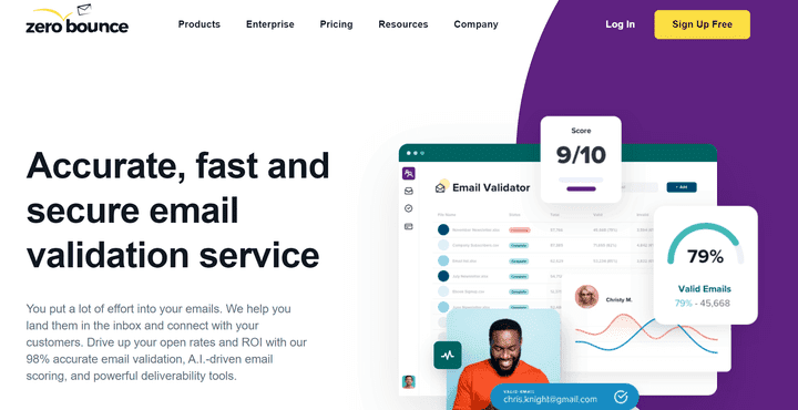 Screenshot of ZeroBounce website show the accurate, fast and secure validation service.