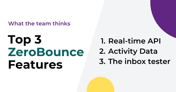 Top 3 ZeroBounce features are real time API, Activity Data and The inbox tester.