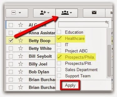how to manage inbox example with an arrow pointing to a group button.