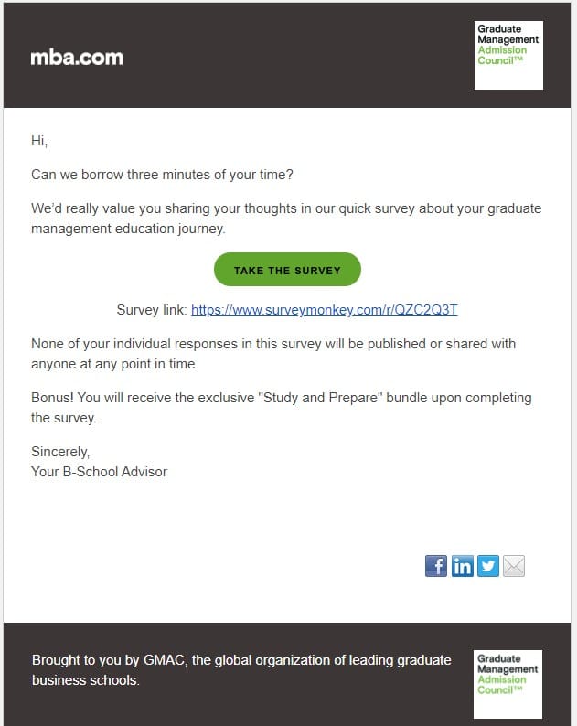 survey request emails example from mba.com asking a customer if they can borrow 3 minutes of their time for them to take a survey.