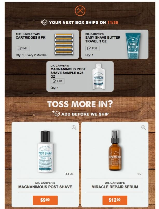 email marketers example of sending an email to a customer after they buy and then suggesting additional products to buy.