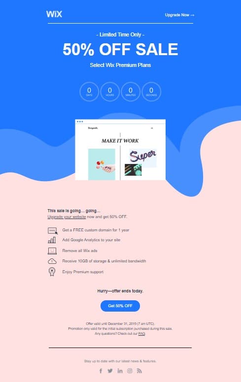 wix example ad offering 50% off.