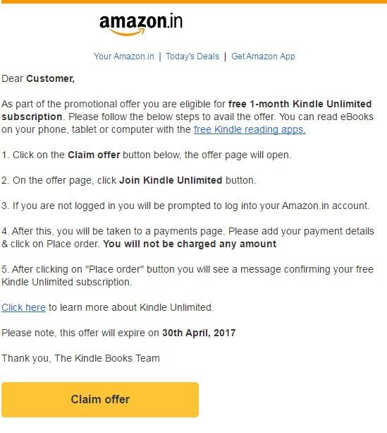 Amazon email marketing offering a promotion of 1 month free Kindle unlimited subscription. 