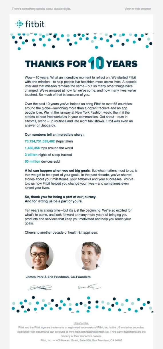 Fitbit email announcing that the company has turned 10 with a subject line focusing on the event invitation. Copy displayed on white background with festive elements, along with pictures of the two company founders.