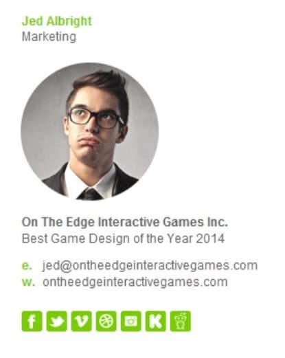 Image showing an example of an email signature on a white background. It includes a picture of the man, the name of the company, an email address and a website, plus social media icons.