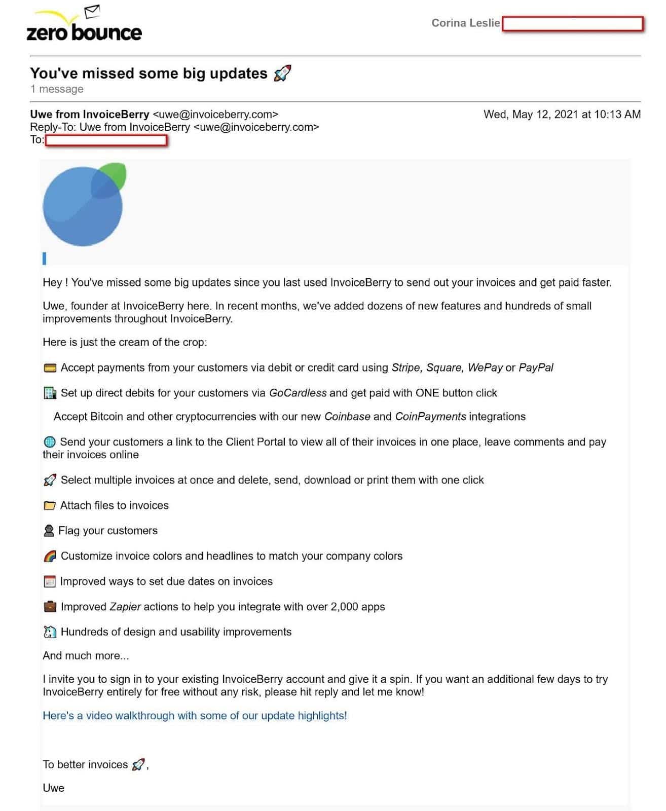 Image illustrating a B2B email marketing example from InvoiceBerry. Text on white background with blue and green elements.