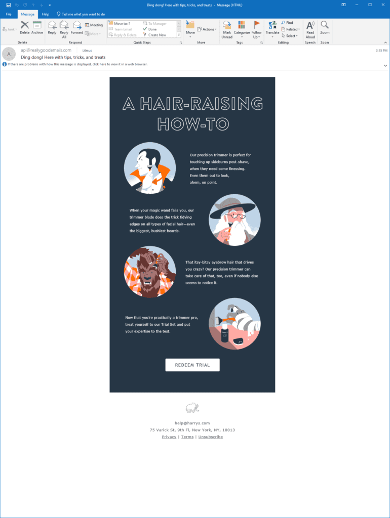 Halloween email campaign example from Harry’s showing how to use a precision trimmer