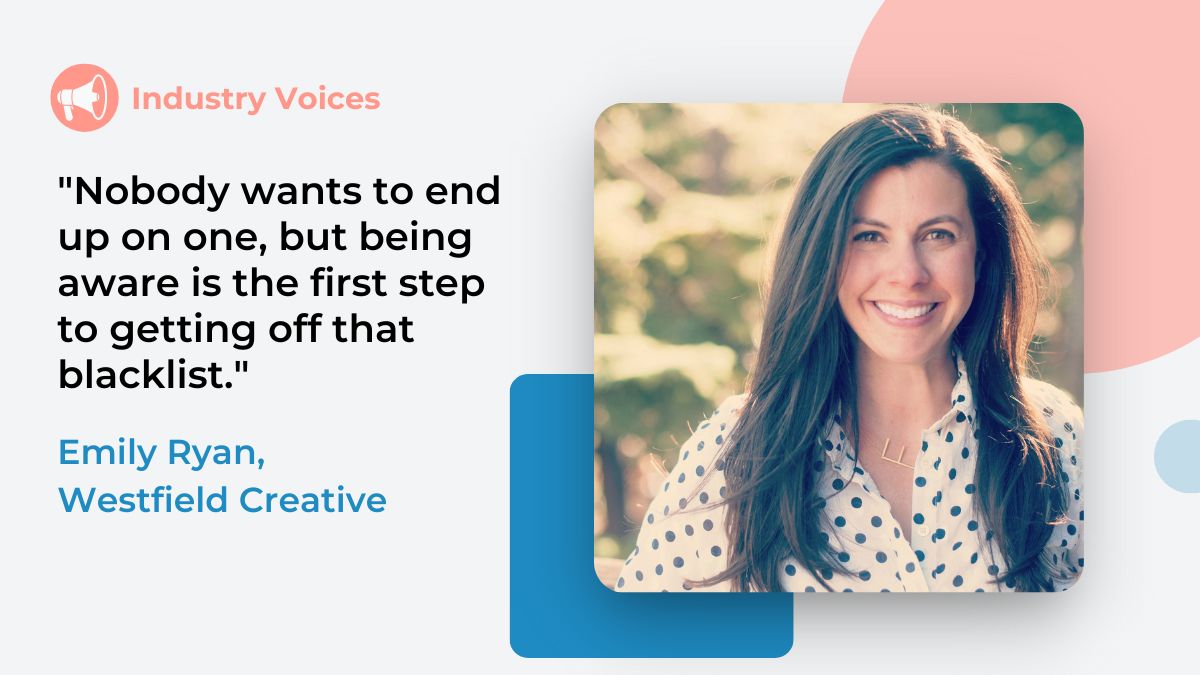 Picture of email strategist Emily Ryan on light gray background with quote referring to email blacklisting