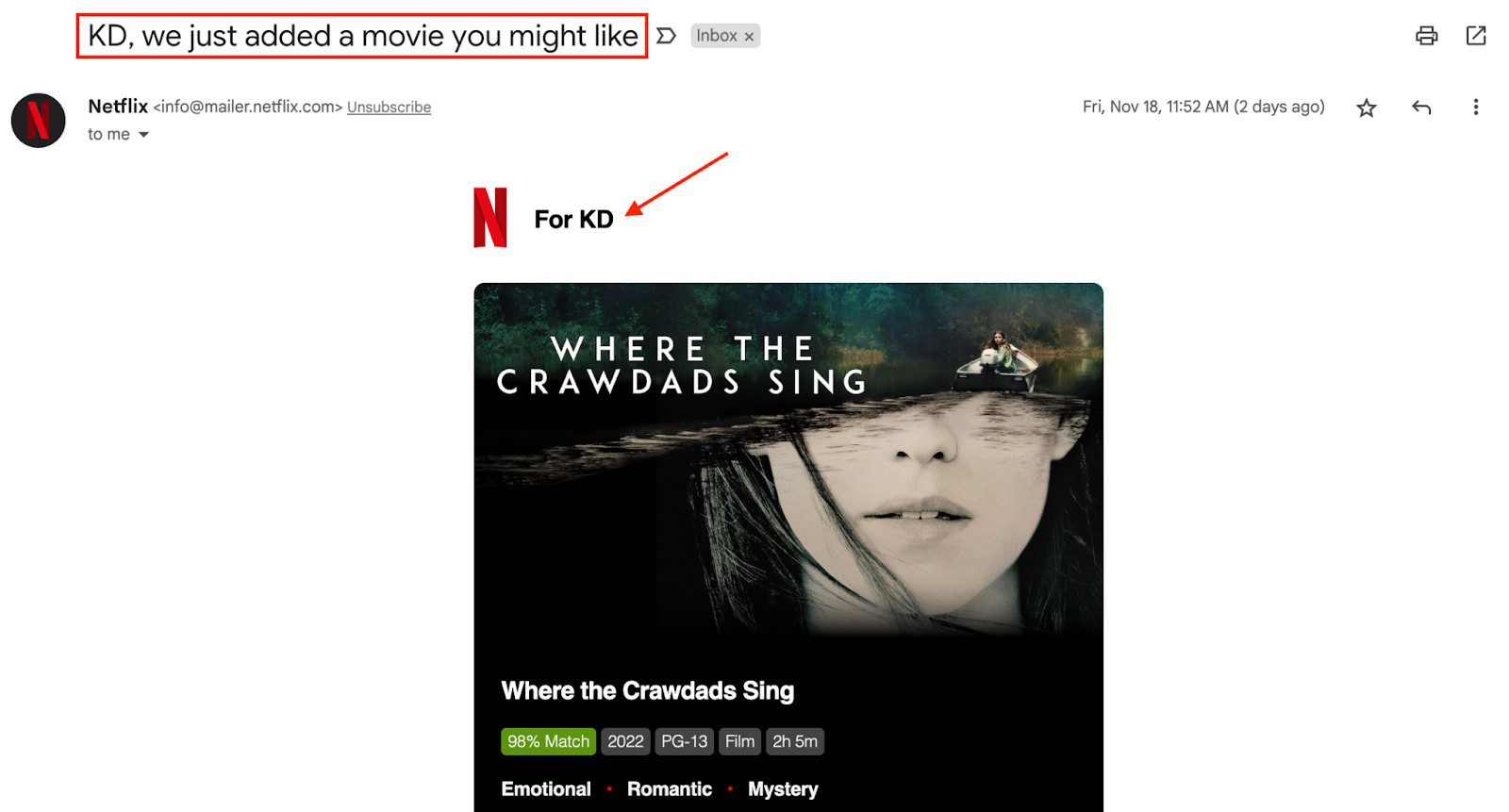 example of personalized email from netflix showing the poster of where the crawdads sing