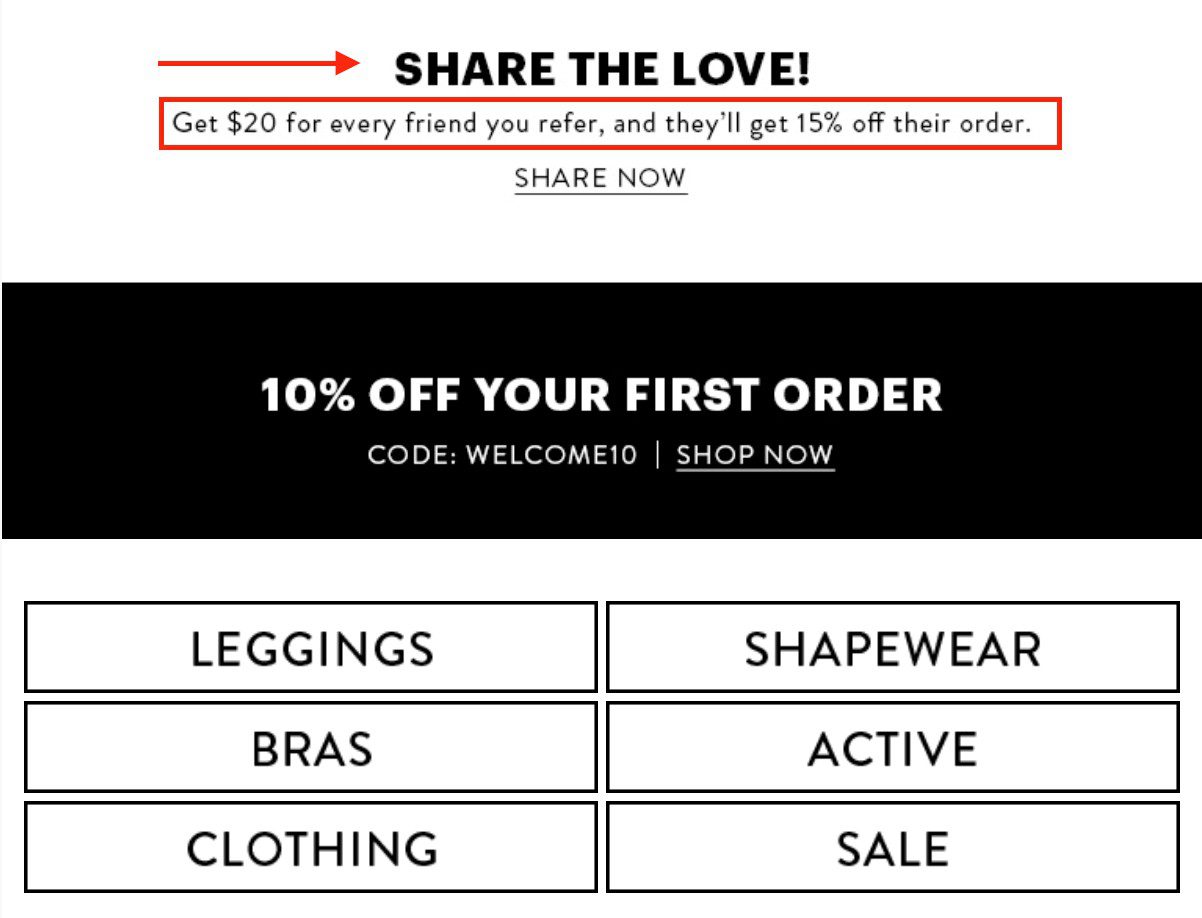 Example example from Spanx using black elements on white background offering 10% off first order to nurture prospects via email