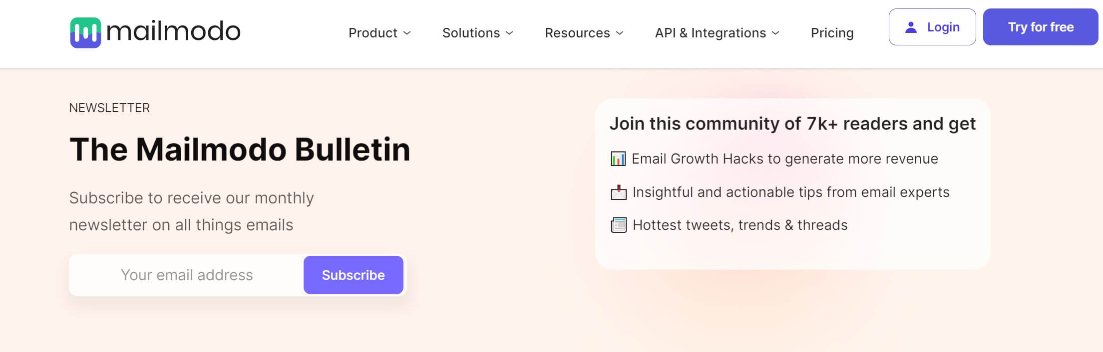 screenshot of the the mailmodo bulletin on light pink background