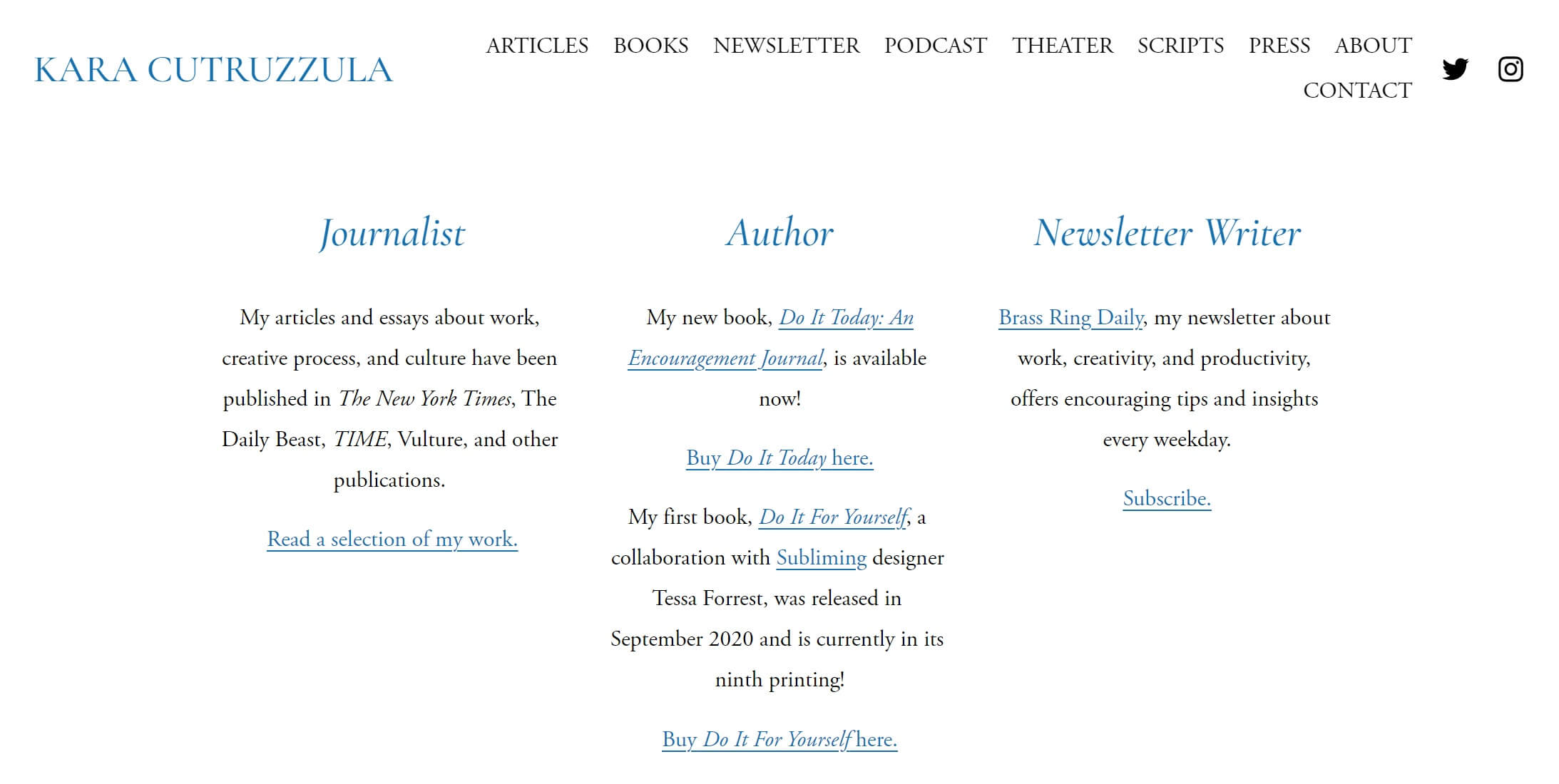 subscribe email newsletter example from writer kara cutruzzula's website