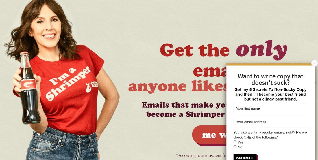 copywriter laura belgray of talking shrimp in red tshirt holding a beverage promoting free copywriting ebook