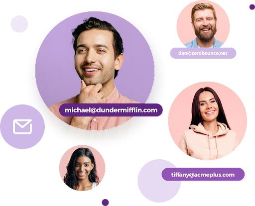 Two men and two women appear as found email contacts among lavender and pink circles.