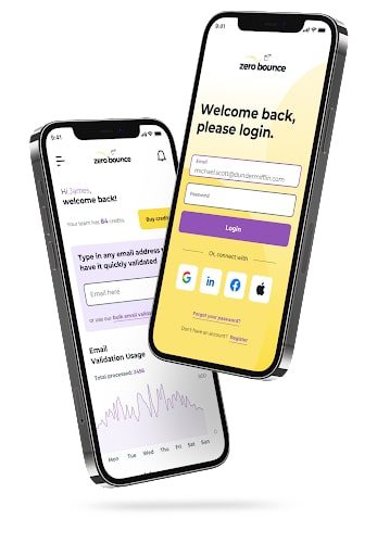 Two iPhones are shown using the ZeroBounce app.