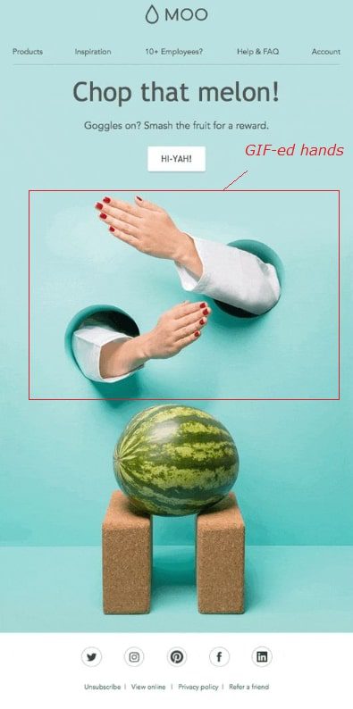 Moo email uses GIF of hands chopping a watermelon