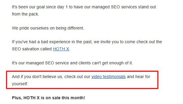 hoth example of email using customer testimonials to build brand credibility