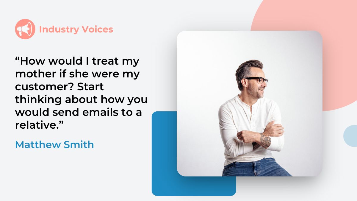 Matthew Smith of Really Good Emails crosses his arms while wearing a white shirt. White background with pink and blue shape elements.