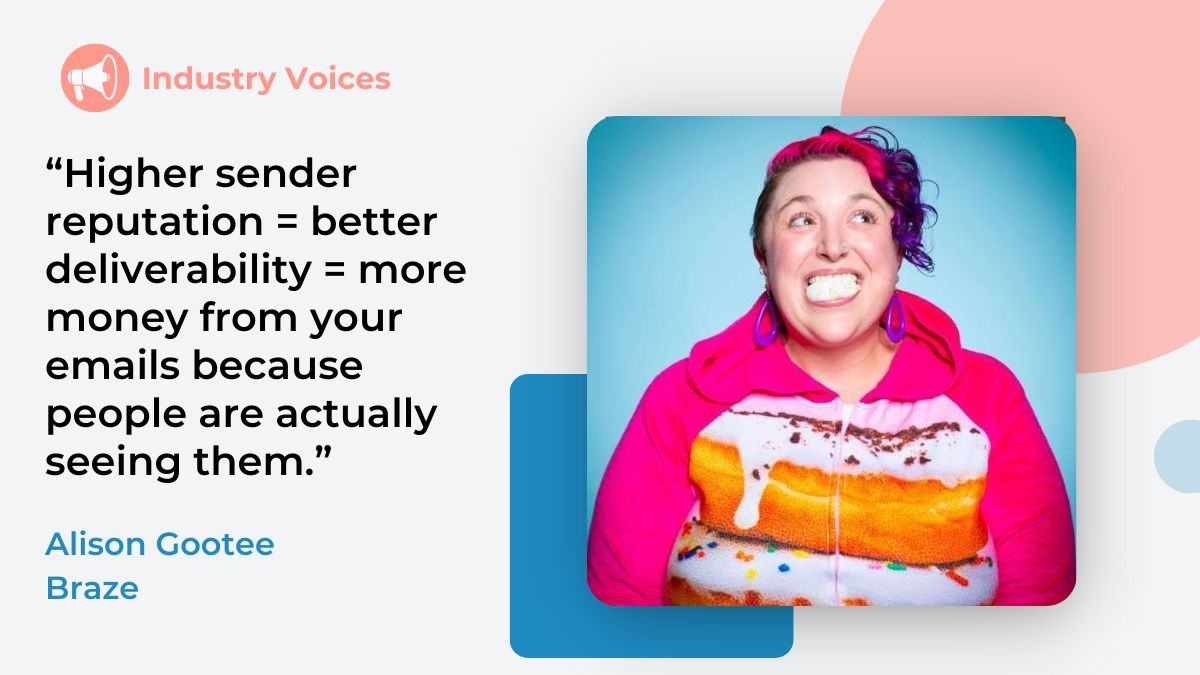 Alison Gootee is shown wearing a hot pink hoodie on a light background with pastel shape elements.