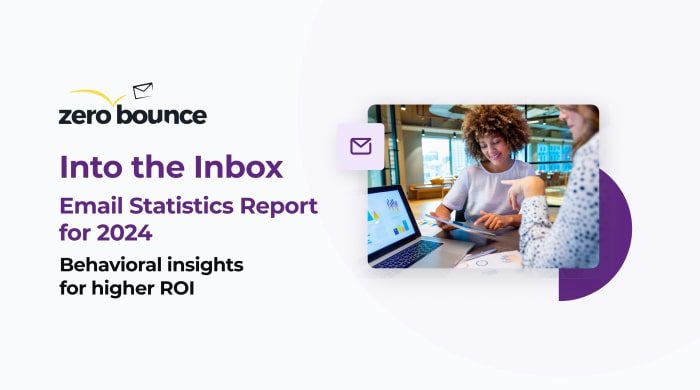 Woman using tablet looks at Email Statistics Report for 2024.