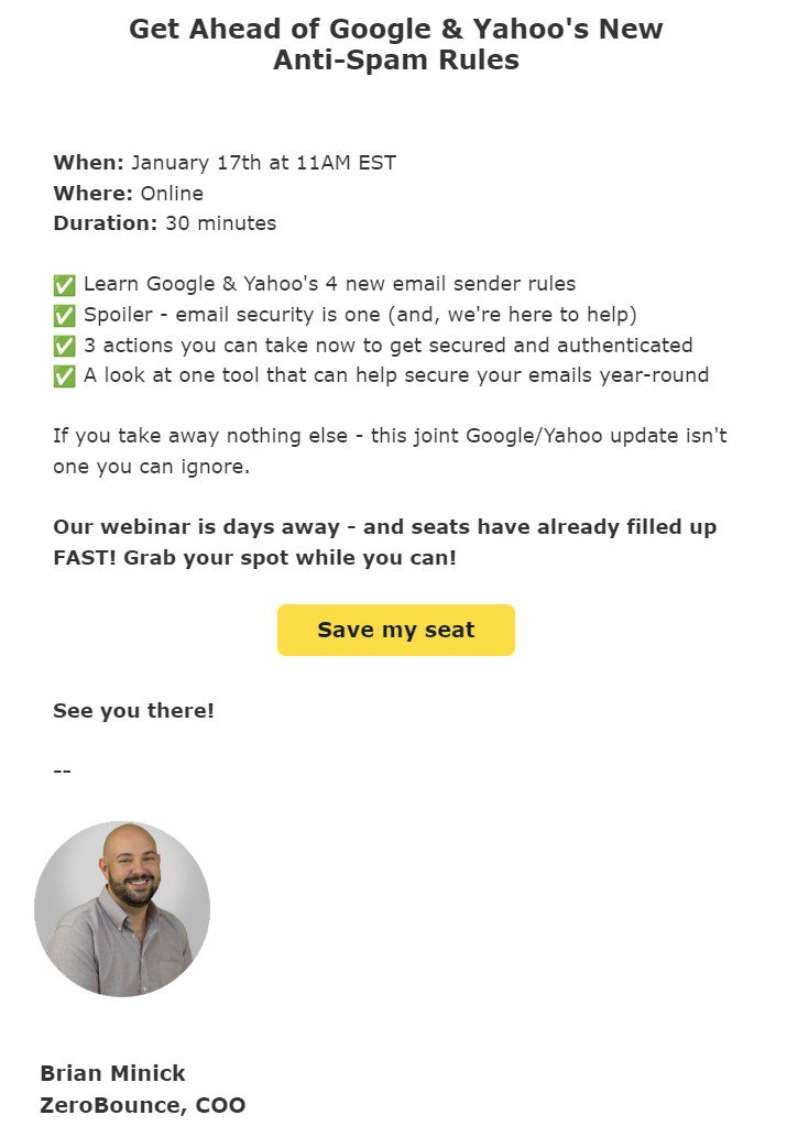 Screenshot of email from ZeroBounce shows email signature with photo of the email author.