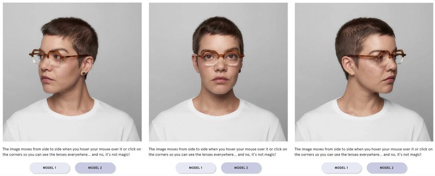 Screenshot of Mexican eyewear website shows interactive images for an ecommerce website.