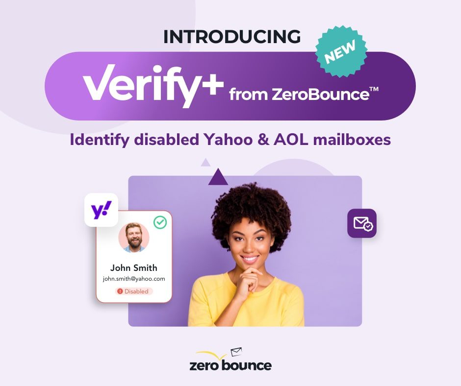 Young black woman is shown on a lavender and purple background showing the result of using Verify+ to identify and disable Yahoo and AOL mailboxes.