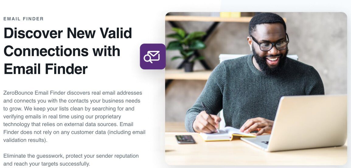 Screenshot of ZeroBounce website shows African-American man seated in front of a laptop discovering new connections using the email finder.
