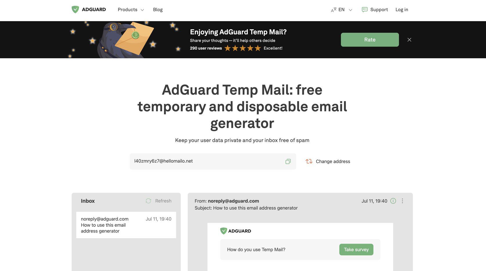 Screenshot of AdGuard Temp Mail dashboard, considered one of the best disposable email providers.