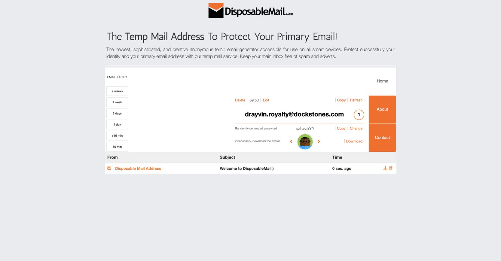 Screenshot of temporary email address platform DisposableMail.