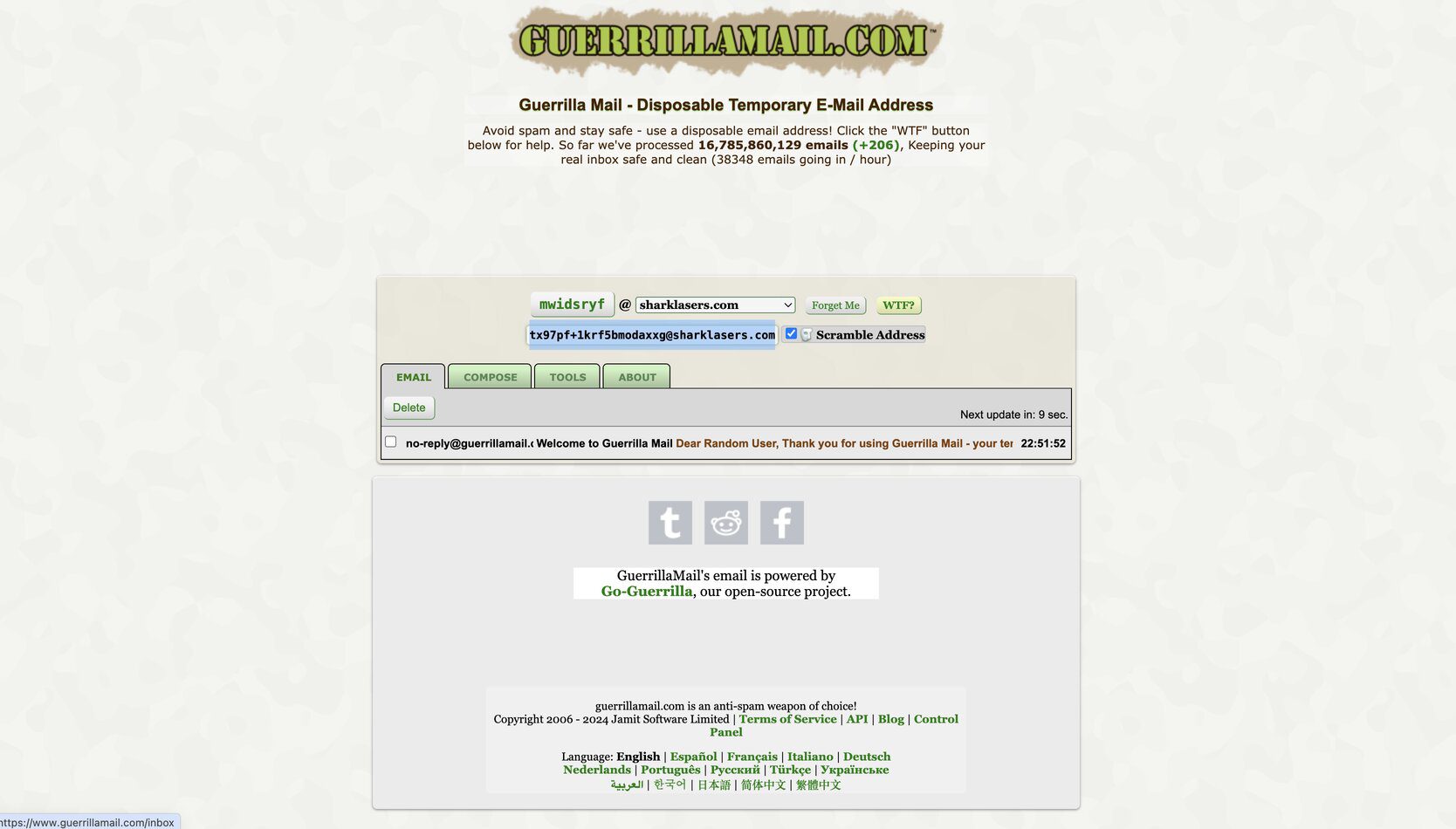 Screenshot of GuerrilaMail disposable temporary email address.