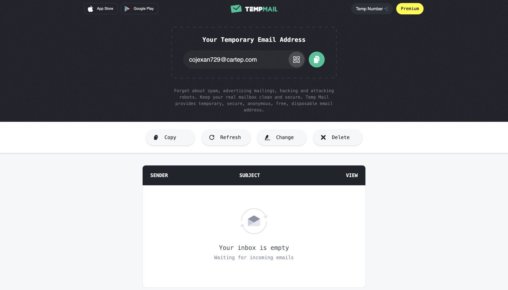 Screenshot of dashboard of Temp Mail disposable email provider. With black background.