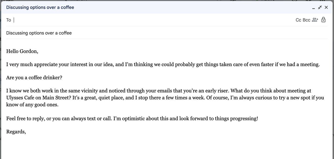 Screenshot of formal email in which sender asks recipient for an in-person meeting.