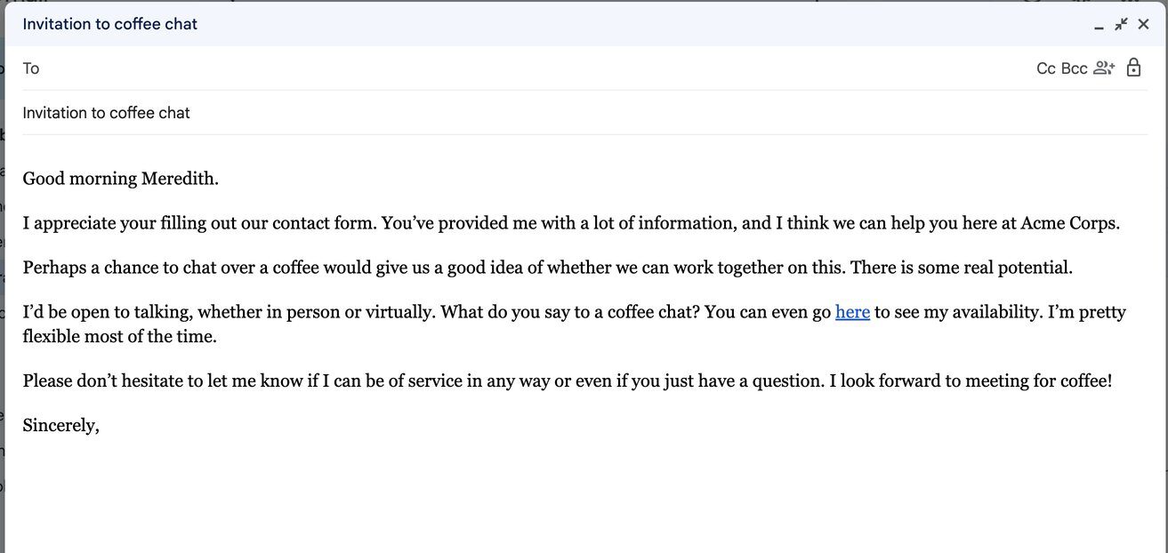 Screenshot of an email response to a contact form in which sender asks to schedule a chat with coffee in order to advance.