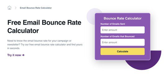 Screenshot of ZeroBounce's free email bounce rate calculator with purple and yellow design