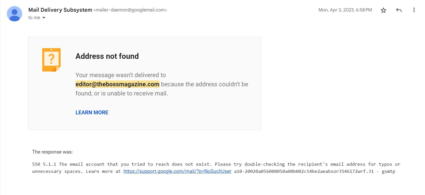 Screenshot of a bounced email message which causes emails to get flagged as spam