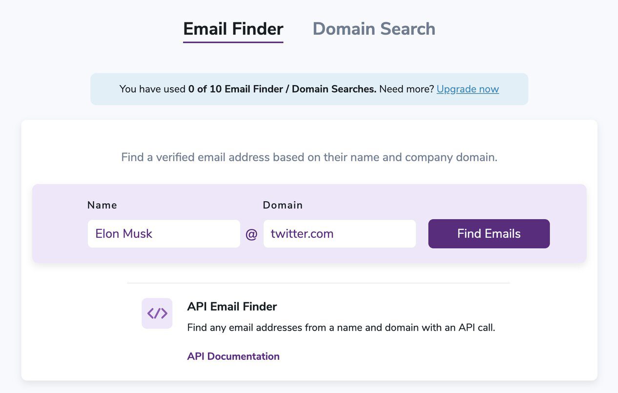 Screenshot of Email Finder shows that it's easy to put in a name and a domain to find business owner email address.