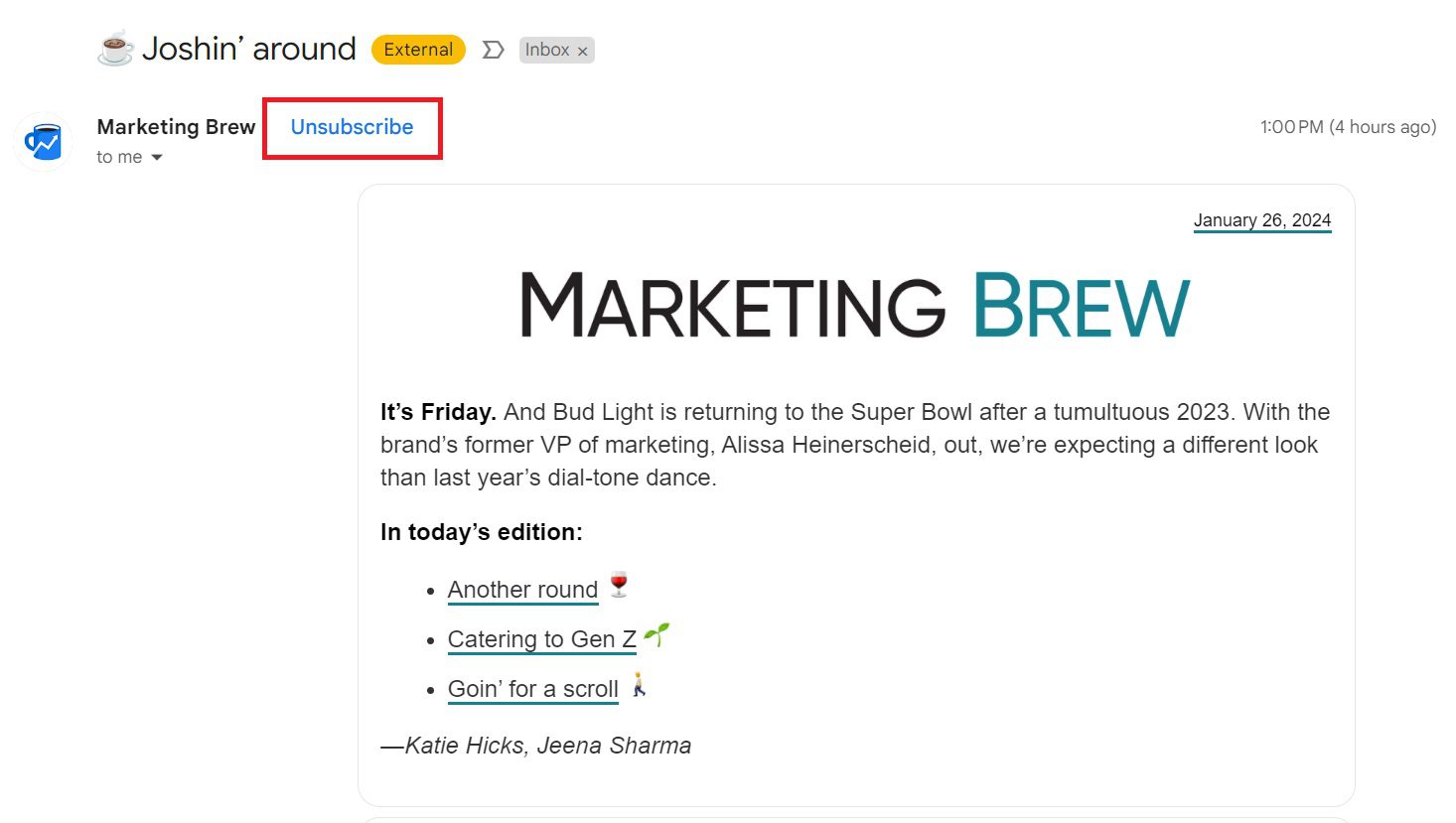 email example from Marketing Brew showing unsubscribe option