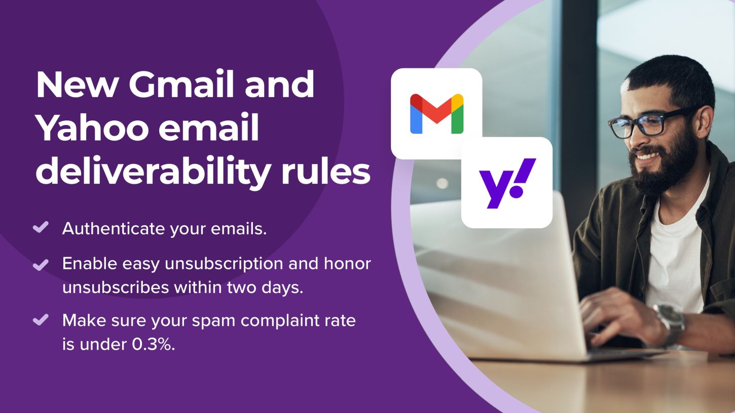 Young man working on computer reading about Google and Yahoo email sending rules with text listing the email deliverability guidelines