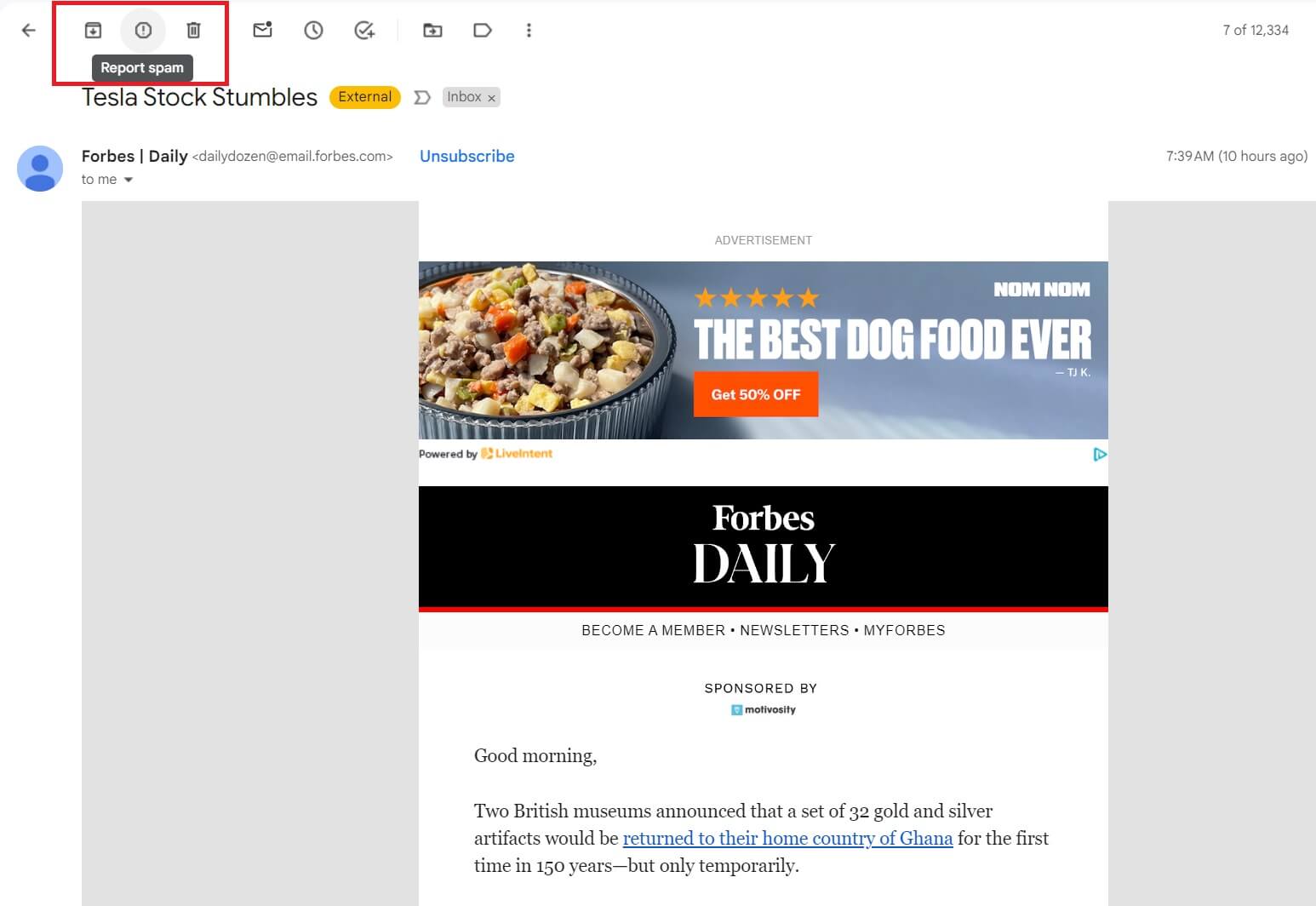 Screenshot of email from Forbes with section pointing to the report as spam button to illustrate why emails get flagged as spam