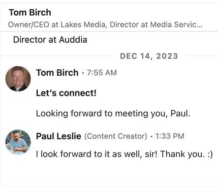 Screenshot of LinkedIn message where two people agree make a professional connection illustrating how to find a business owner email address