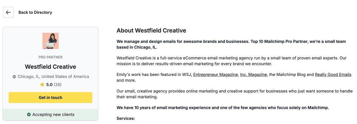 screenshort of westfield creative listing on mailchimp with picture of email marketing strategist Emily Ryan