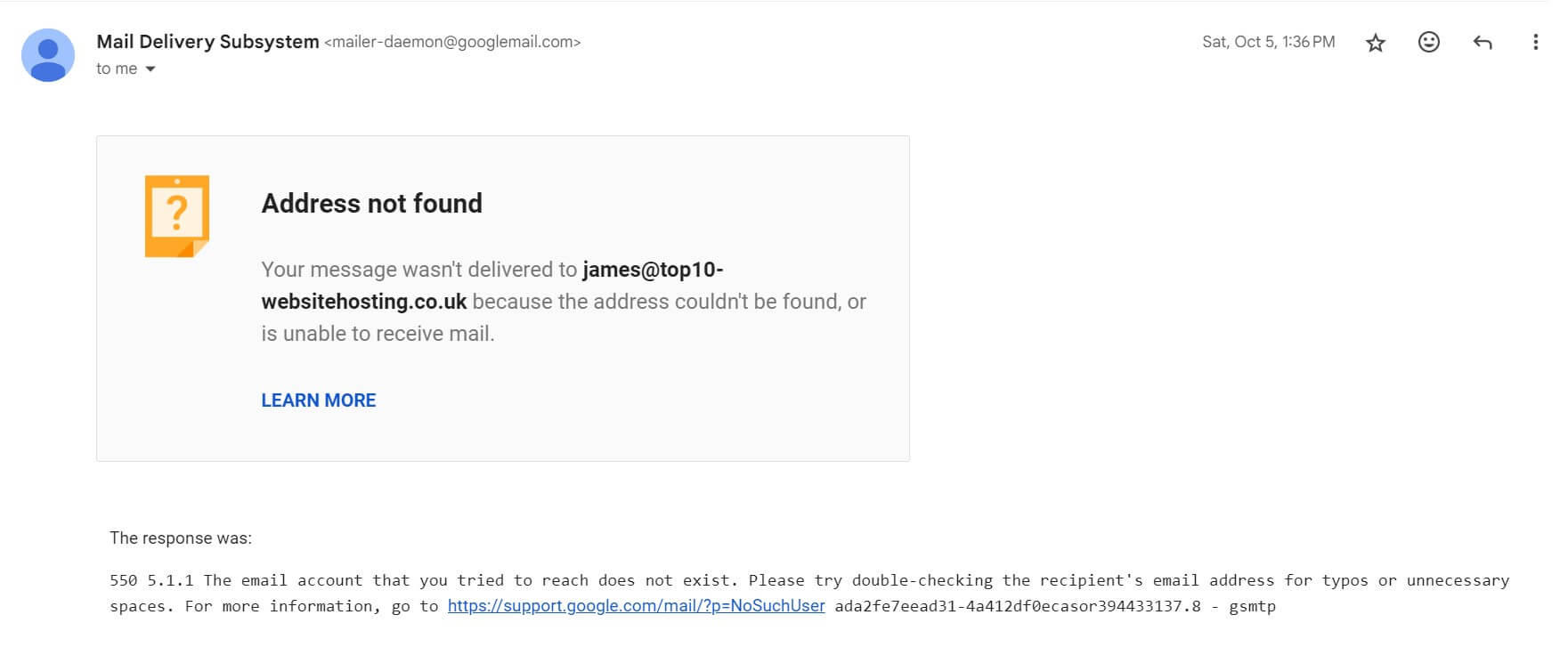 Screenshot of an email bounce example