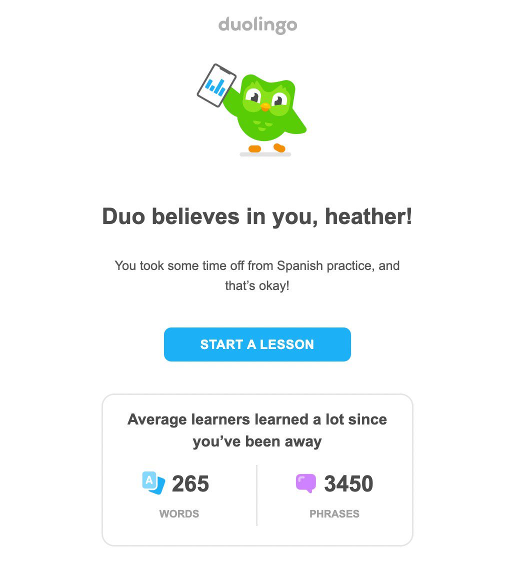 screenshot of emails from duolingo  illustrating one of the best email personalization examples for marketing