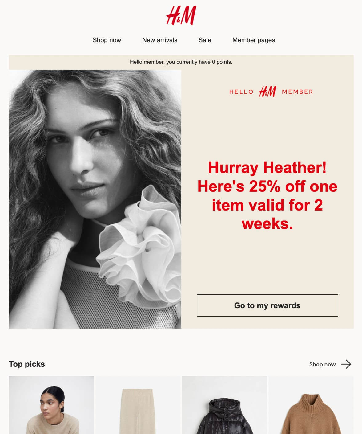 H&M email screenshot showing face of a woman with text about birthday discount
