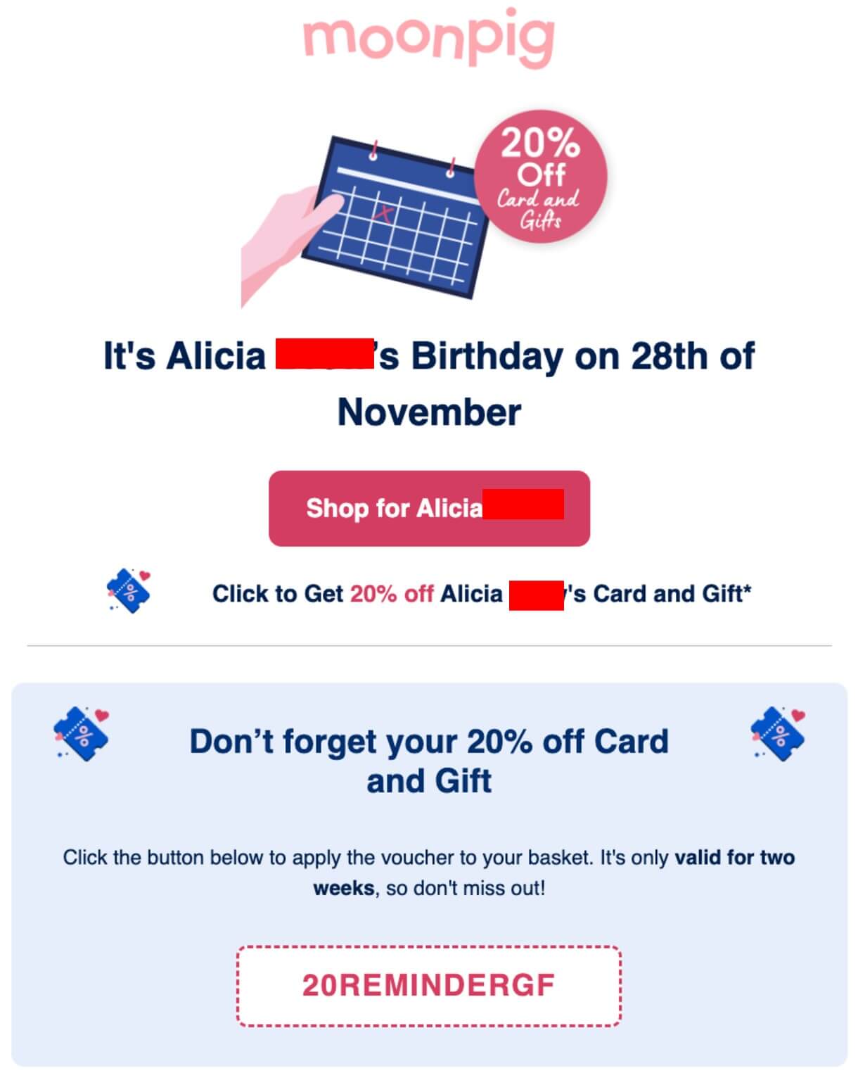 Moonpig email screenshot illustrating one of the best email personalization examples for marketing