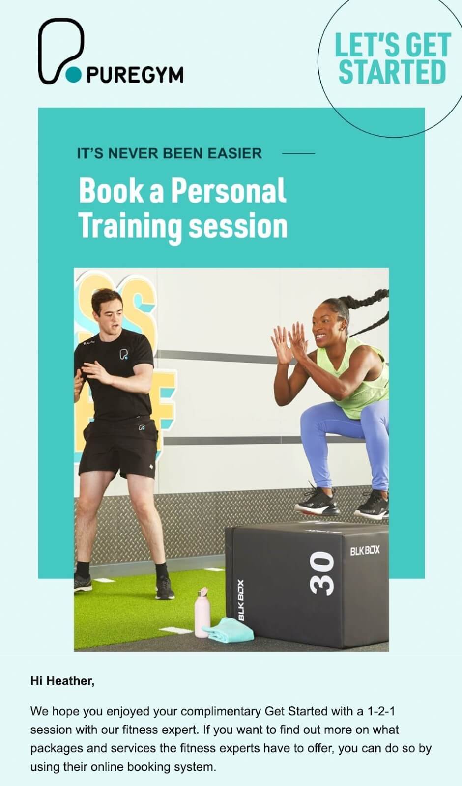Puregym email example with green elements and white text
