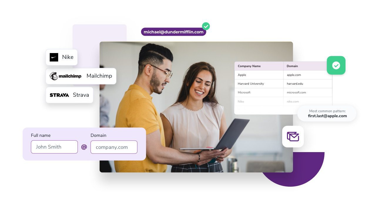 A young male and young female colleague look at a the results from their email finder tool query.